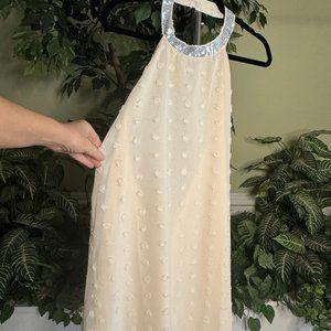 Cream Swiss Dot Halter Jewel Neck Open Back Party Dress